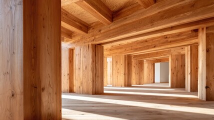 A spacious and minimalist interior features warm wooden columns, creating an inviting atmosphere filled with natural light, perfect for contemporary design aesthetics.
