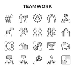 Teamwork Vector Icon Set - Team, presentation, user profile, high five, group settings, speech bubble, multiple users, group of people, growth arrows, collaboration, fist bump, gears, network Editable