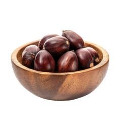 Obraz premium Thai chestnuts in a wooden bowl, highlighting natural beauty and freshness, Thai chestnuts in wood bowl isolated on Transparent background
