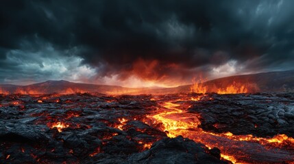 A breathtaking landscape showcases a molten lava flow meandering through a dark terrain, highlighting the power of nature as ominous clouds tower overhead in dramatic fashion.