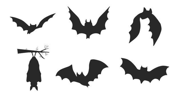 Halloween bat set in silhouette style. Hanging and flying cartoon bats with scary and cute elements. Isolated vector illustration for spooky autumn celebrations.