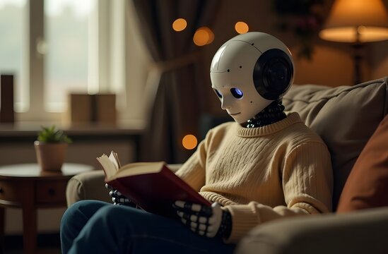 The robot is reading a book while sitting on the couch, and the robot is wearing a warm, cozy sweater. The concept of relaxation, cozy home, family