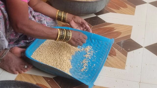 A woman housewife, is winnowing jowar (sorghum) grains outside her rural home. Separating the grains from the chaff using a traditional flat basket, an essential process to clean edible grains.