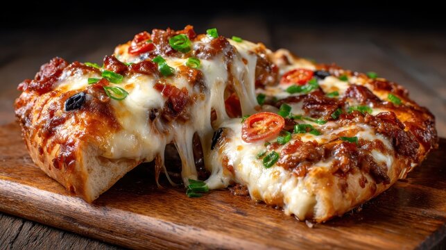 An enticing image of a cheesy pizza bursting with toppings and melted cheese, served on a rustic wooden board, perfect for food blogs, restaurant menus, and culinary ventures.
