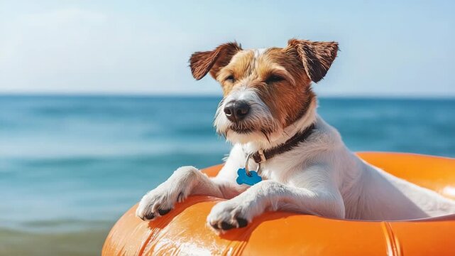International dog day. A relaxed dog lounges on an orange float in the ocean, enjoying a sunny beach day with waves in the background.