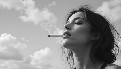 Fototapeta premium A Woman face Black and White Smoke by mouth a cigarette use no hand on white background