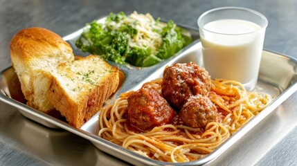 A vibrant meal tray featuring spaghetti, meatballs, garlic bread, fresh salad, and a glass of milk, perfect for a satisfying lunch or dinner experience.