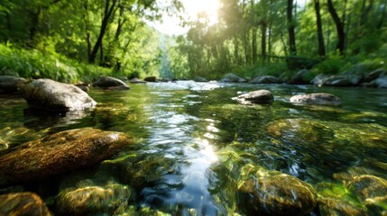 Obraz premium A serene stream flows gently through a vibrant green forest, with sunlight filtering through the leaves, creating a perfect oasis for nature lovers and tranquility seekers alike.