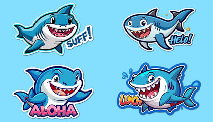 Obraz premium A big bundle of cheerful cartoon shark sticker in various poses vector illustration 