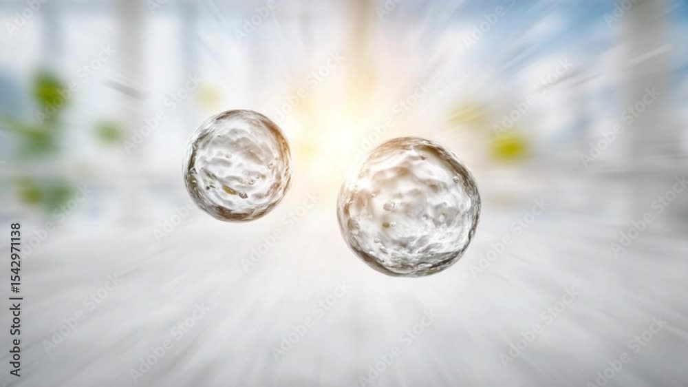 Poster cellular movement: two cells adrift in a light-filled, transparent space, embodying the complex proc