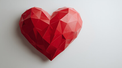 Red polygonal heart floating in space, symbolizing modern love and geometry