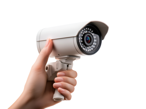 a hand holds surveillance cameras on a transparent background