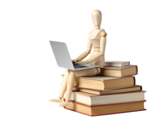 Wooden mannequin in mid-air, arms and legs outstretched, isolated on white background.