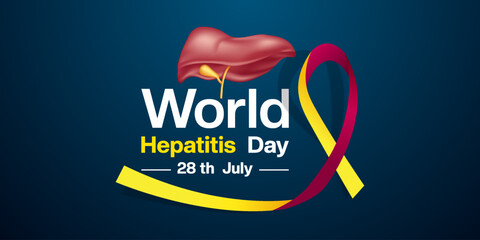 World Hepatitis Day. Liver and ribbon. Suitable for posters, banners and social media. Dark background.