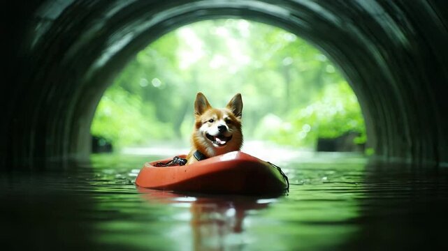 International dog day. A happy dog rides in a red kayak through a tunnel on a calm, green forest stream.