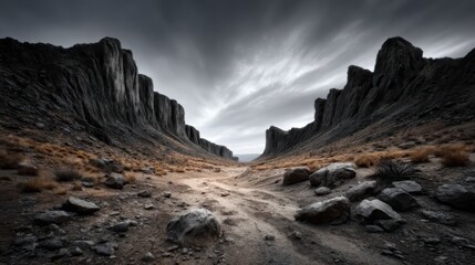 A breathtaking view of a rugged canyon landscape under dramatic overcast skies, revealing the stark beauty of nature's geological formations and textures.