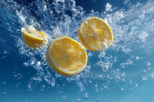 Floating lemon slices with splashes in blue water under sunlight and light breeze on clear sky background, perfect for social media content, advertising campaigns.