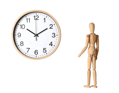 A wooden mannequin stands next to a clock showing the time, isolated on a white background.