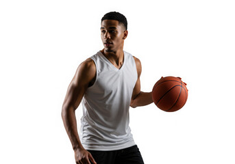 Athletic man holding basketball, wearing a white tank top and gazing off-camera with focus