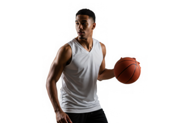 Athletic man holding basketball, wearing a white tank top and gazing off-camera with focus