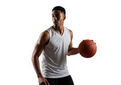 Athletic man holding basketball, wearing a white tank top and gazing off-camera with focus