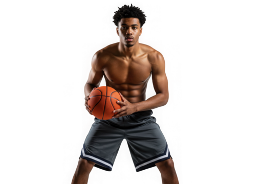 Athletic man holding basketball, isolated with a transparent background showing strength and focus.