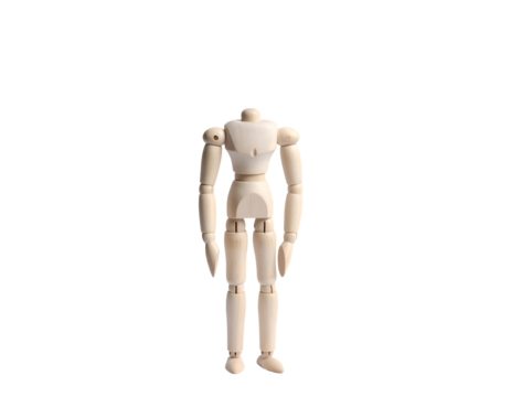 A headless wooden artist's mannequin stands against a white background.