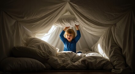 Child blanket fort bedroom cozy hideout imagination play creative activity. Indoor tent adventure magical childhood experience. Family bonding concept
