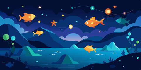 Serene Night Aquatic Scene: Goldfish Swim Beneath a Starry Sky over Silhouetted Mountains and a Calm Sea, Perfect for Branding or Logo Design