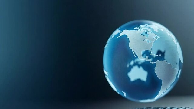 World Globe: A transparent globe, illuminated in cool blue tones, showcases the intricate details of the continents, emphasizing our interconnected world.
