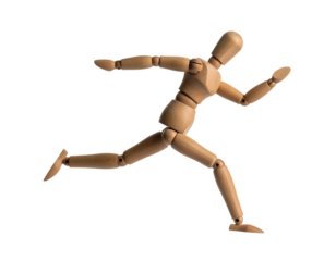 Wooden artist's mannequin dynamically posed in mid-stride, suggesting motion and speed.