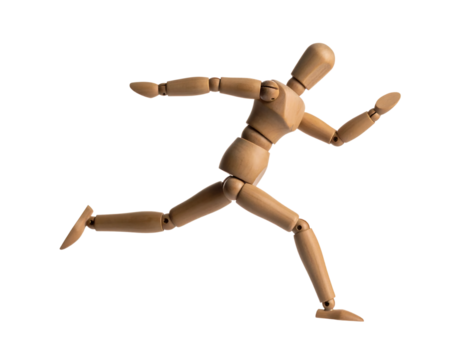 Wooden artist's mannequin dynamically posed in mid-stride, suggesting motion and speed.