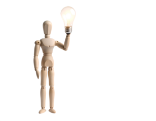 Miniature Wooden Human with Lightbulb Above Head