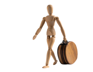 Wooden mannequin in mid-air, arms and legs outstretched, isolated on white background.