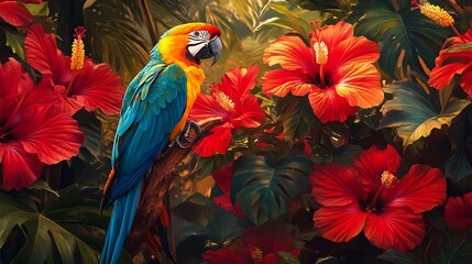 Fototapeta premium A vibrant macaw parrot rests on a tree branch surrounded by lush tropical hibiscus flowers for use in nature marketing designs.