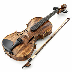 classic wooden brown violin with polished surface, fine tuners, and elegant curves positioned with bow and strings clearly visible isolated on white background