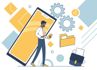 Cartoon vector illustration of a businessman with a suitcase, personifying the concept of a dedicated worker in the office, ready for business