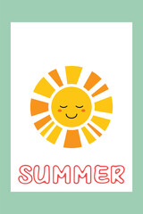 Cute Smiling Sun with Summer Text Vector Illustration.
