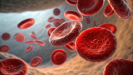 Fototapeta premium Blood cell structure 3d render concept. Red blood cells in a dynamic, microscopic view within the bloodstream.