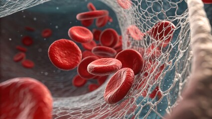 Fototapeta premium Blood cell structure 3d render concept. Illustration of red blood cells in a biological environment.