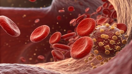 Fototapeta premium Blood cell structure 3d render concept. Red blood cells flowing through a detailed blood vessel illustration.