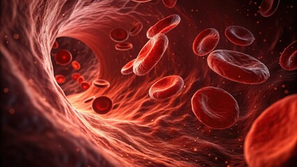 Blood cell structure 3d render concept. Detailed view of blood cells flowing in a vessel.