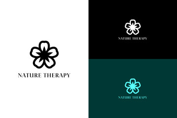 illustration of five petal flower with bold clean edges, vector logo for calming, mindfulness, mental health, green energy, fitness, holistic healing, natural wellness, nature therapy, and more