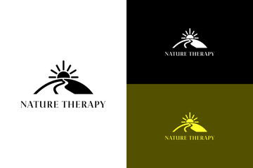 illustration of hill with a winding path leading to rising sun, vector logo for green energy, success, calming, natural wellness, eco therapy, fitness, holistic healing, natura therapy, and more