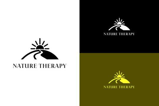 illustration of hill with a winding path leading to rising sun, vector logo for green energy, success, calming, natural wellness, eco therapy, fitness, holistic healing, natura therapy, and more