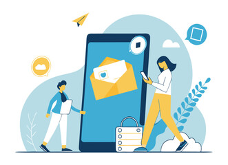 Vector illustration of a businessman working on a laptop with a mobile phone, symbolizing business communication and technology in the office