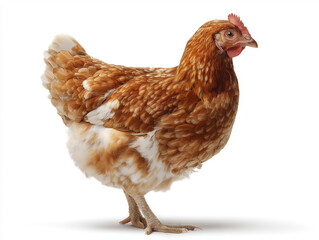 Full-body side profile of a healthy brown chicken hen standing upright on a pure white background