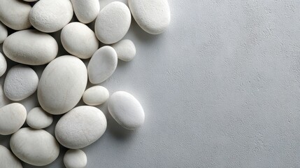 Smooth white pebbles arranged artistically on a gray surface.