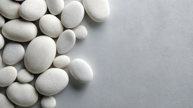 Smooth white pebbles arranged artistically on a gray surface.