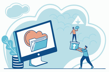 Cartoon business people working on computers in an office, illustrating the cloud computing concept